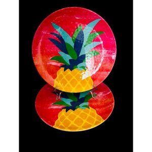 Set of 2 Queenwest Large Melamine Plates Pineapple Red Tropical 11"